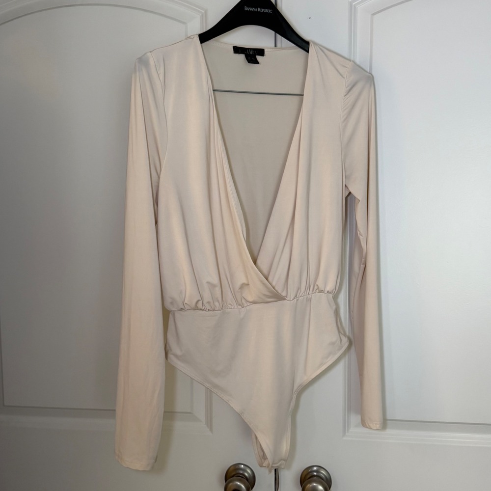 Revamped Womens XL Cream Long Sleeve Deep V-Neck Surplice Bodysuit Off White